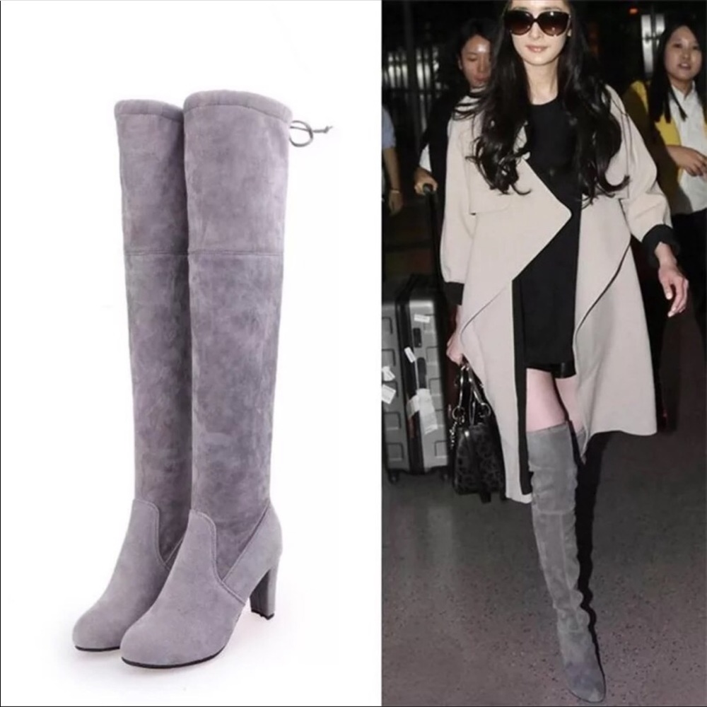 New! Vegan SuedeGrey 2 Tone Over The Knee Boots
